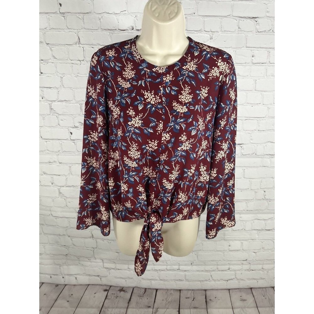Madewell Long Sleeve Round Neck Tie Front Blue Maroon Floral Blouse Women’s XS